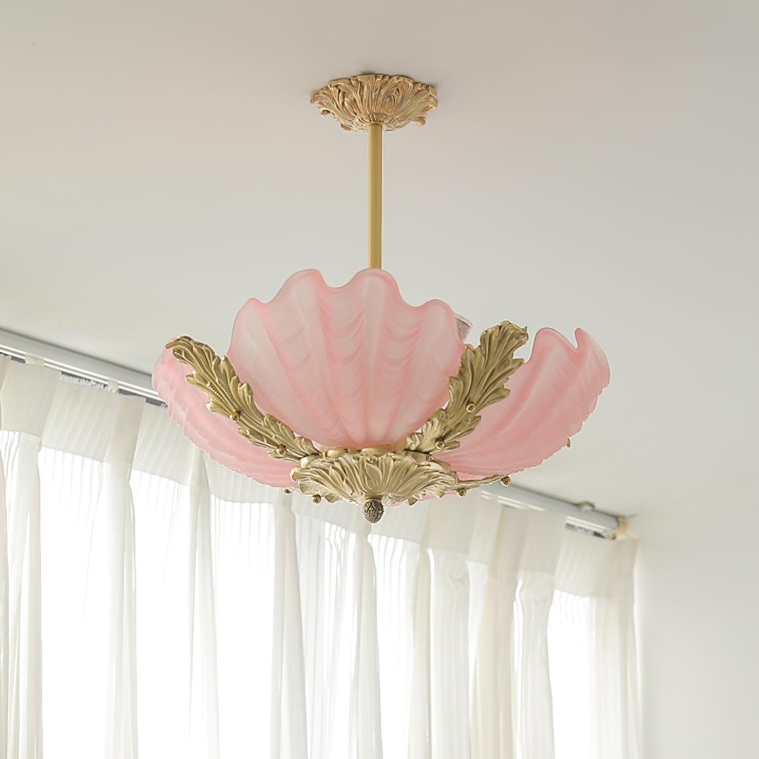 Pink Murano Glass Shell Pendant Lamp With Brass Baroque